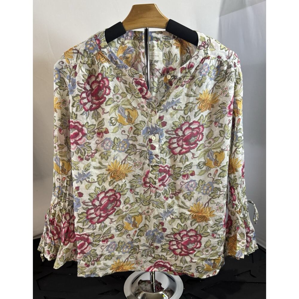 Floral Blouse Bell Sleeve The Softened Shirt Cotton Tie Popover Boho Fits Like L
